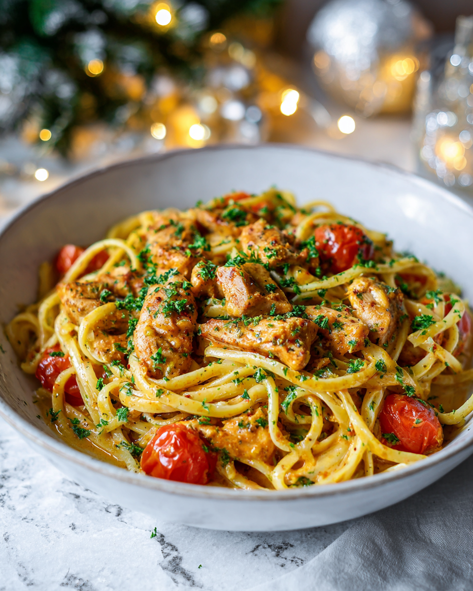 Creamy Cajun Chicken Pasta served in a bowl with parsley garnish, perfect for holiday meals