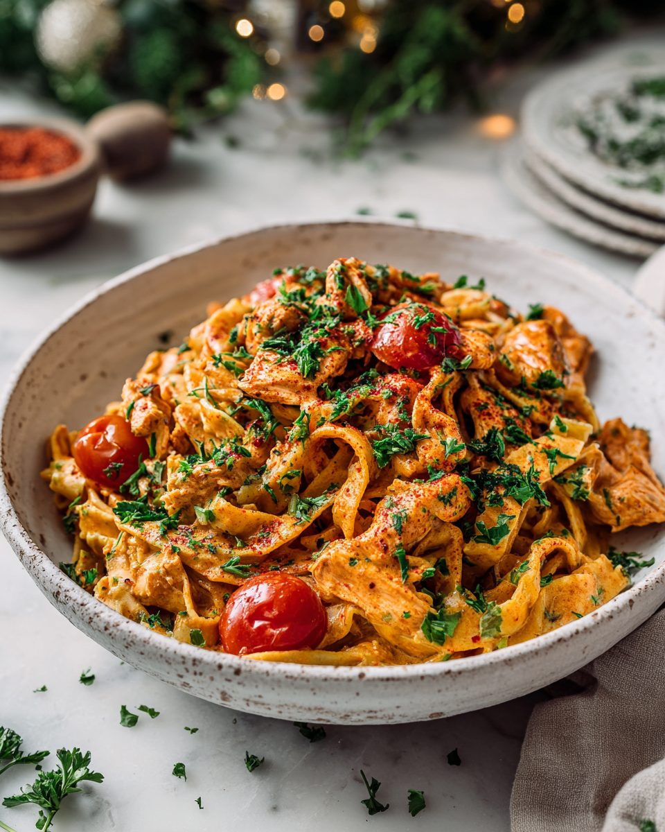 Creamy Cajun Chicken Pasta served in a bowl with parsley garnish, perfect for holiday meals