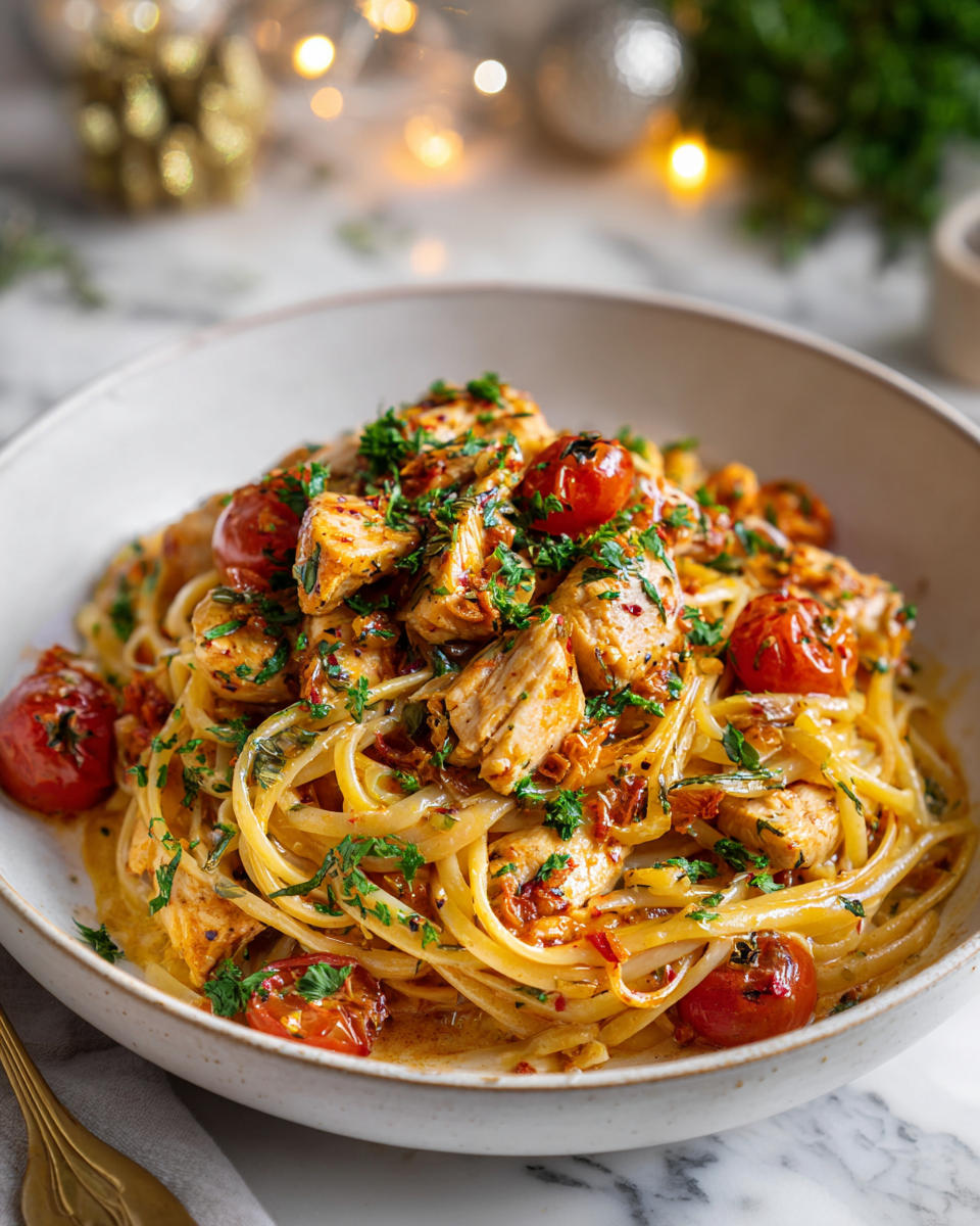 Creamy Cajun Chicken Pasta served in a bowl with parsley garnish, perfect for holiday meals