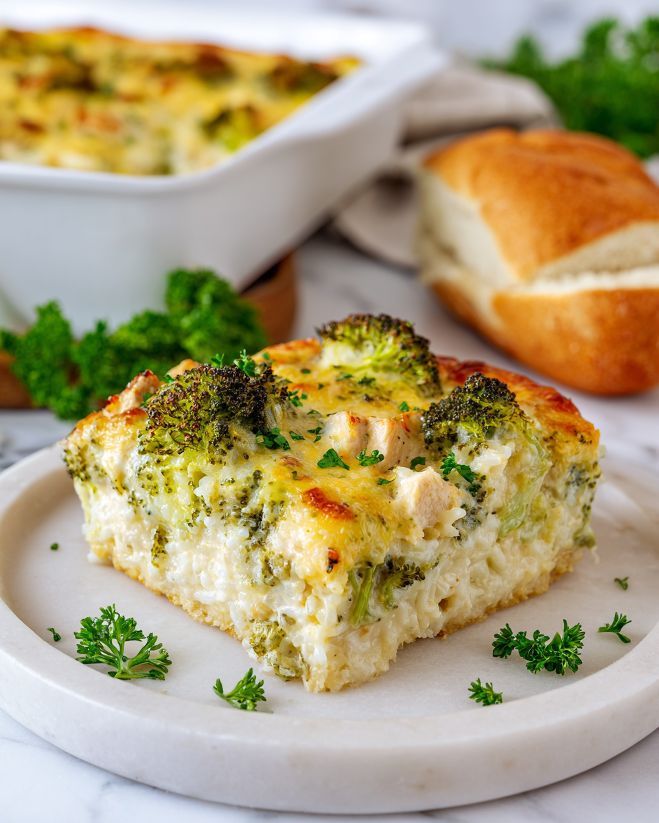 Creamy chicken broccoli rice cheese casserole, a comforting one-dish meal perfect for autumn and holiday gatherings.