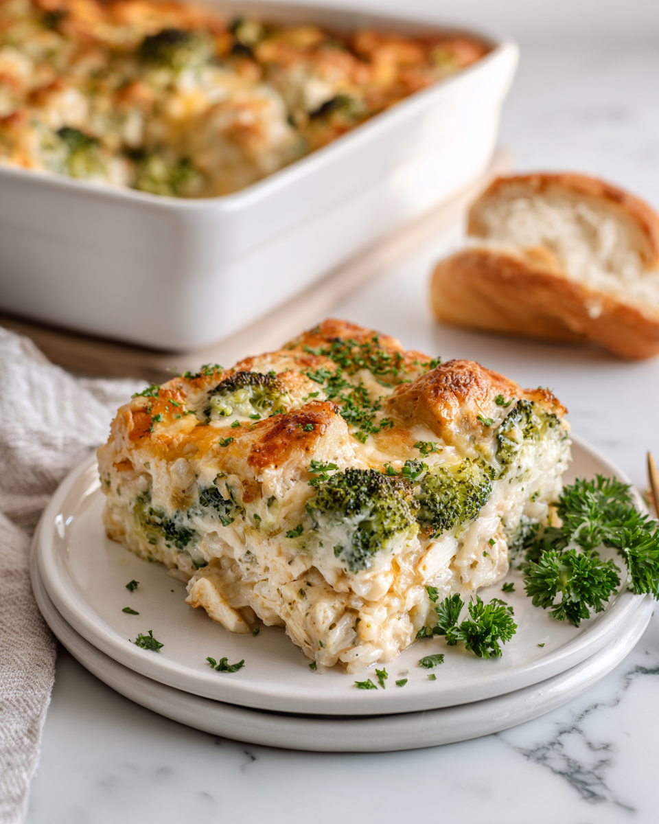 Creamy chicken broccoli rice cheese casserole, a comforting one-dish meal perfect for autumn and holiday gatherings.
