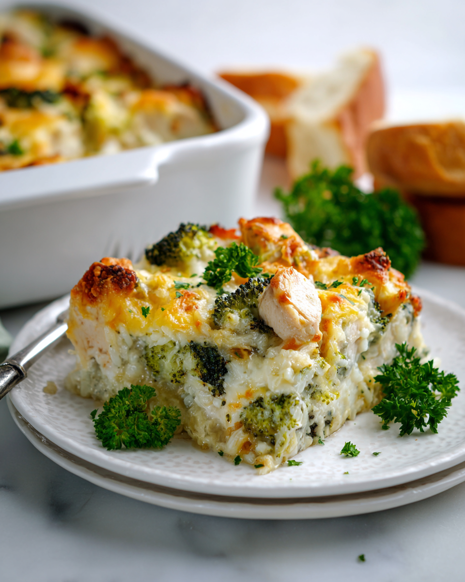 Creamy chicken broccoli rice cheese casserole, a comforting one-dish meal perfect for autumn and holiday gatherings.