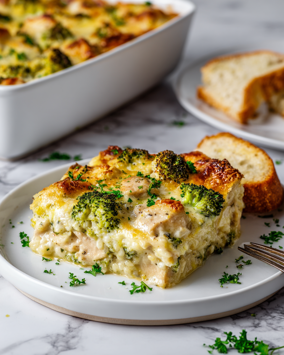 Creamy chicken broccoli rice cheese casserole, a comforting one-dish meal perfect for autumn and holiday gatherings.