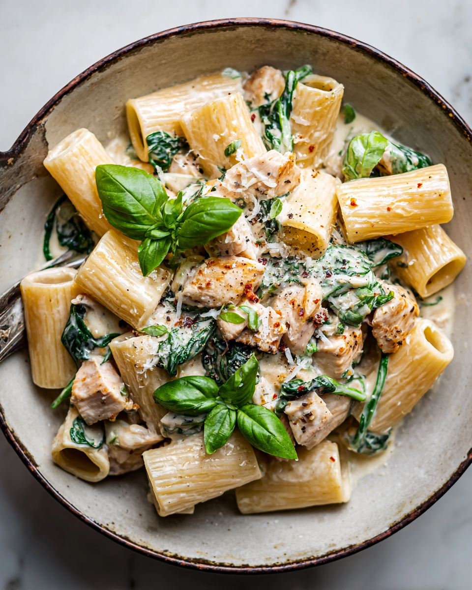 A creamy chicken rigatoni dish featuring pasta, chicken, spinach, and creamy sauce made with Parmesan cheese, perfect for autumn dinners.