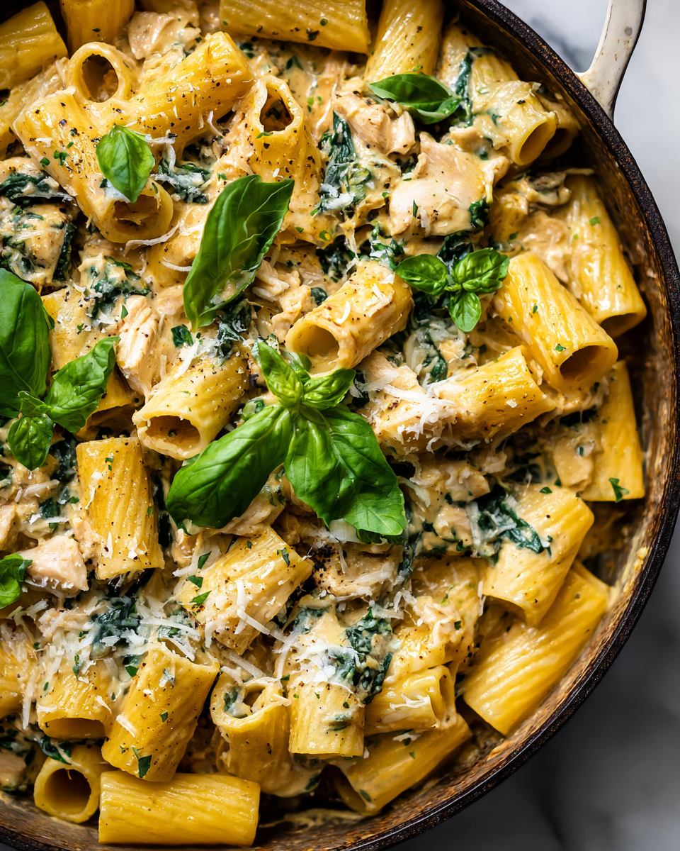 A creamy chicken rigatoni dish featuring pasta, chicken, spinach, and creamy sauce made with Parmesan cheese, perfect for autumn dinners.