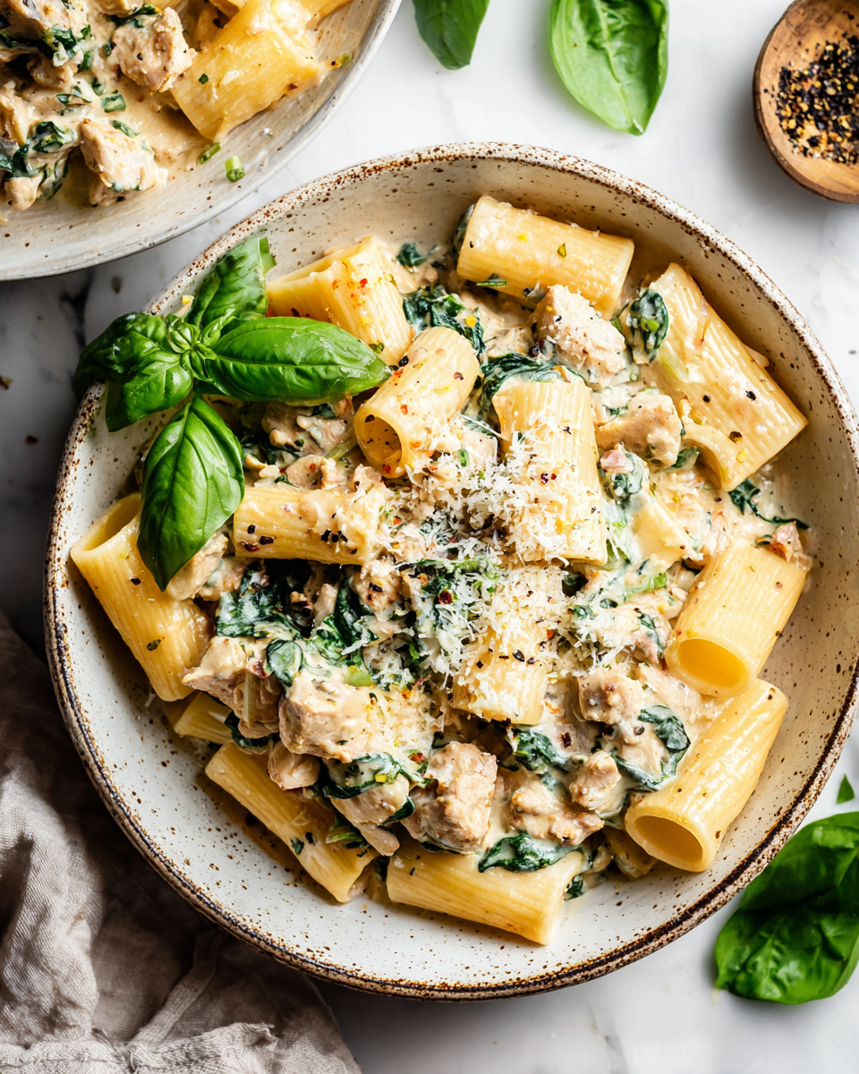 A creamy chicken rigatoni dish featuring pasta, chicken, spinach, and creamy sauce made with Parmesan cheese, perfect for autumn dinners.