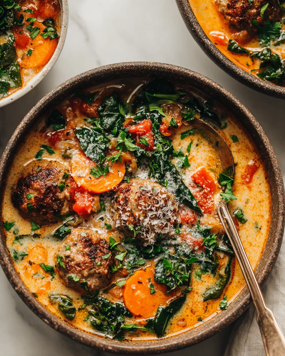 A bowl of creamy Italian meatball soup with vegetables, ideal for cozy fall nights, rich in flavor and comfort, perfect for the holidays.