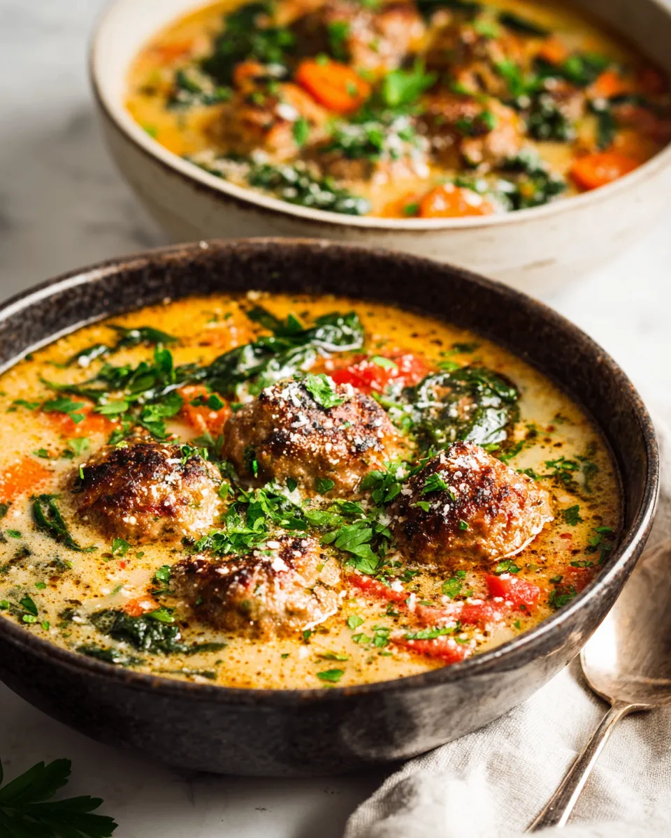 A bowl of creamy Italian meatball soup with vegetables, ideal for cozy fall nights, rich in flavor and comfort, perfect for the holidays.