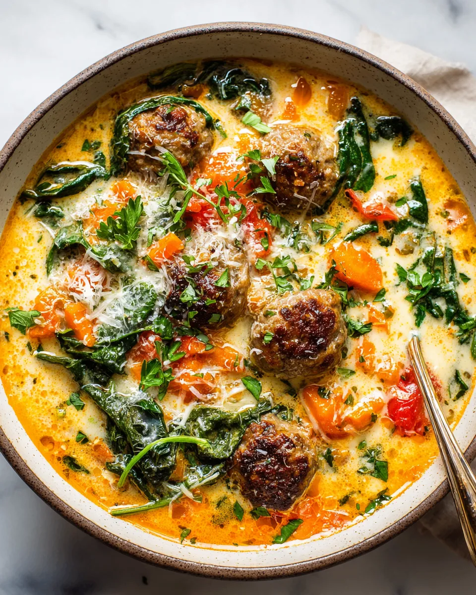 A bowl of creamy Italian meatball soup with vegetables, ideal for cozy fall nights, rich in flavor and comfort, perfect for the holidays.