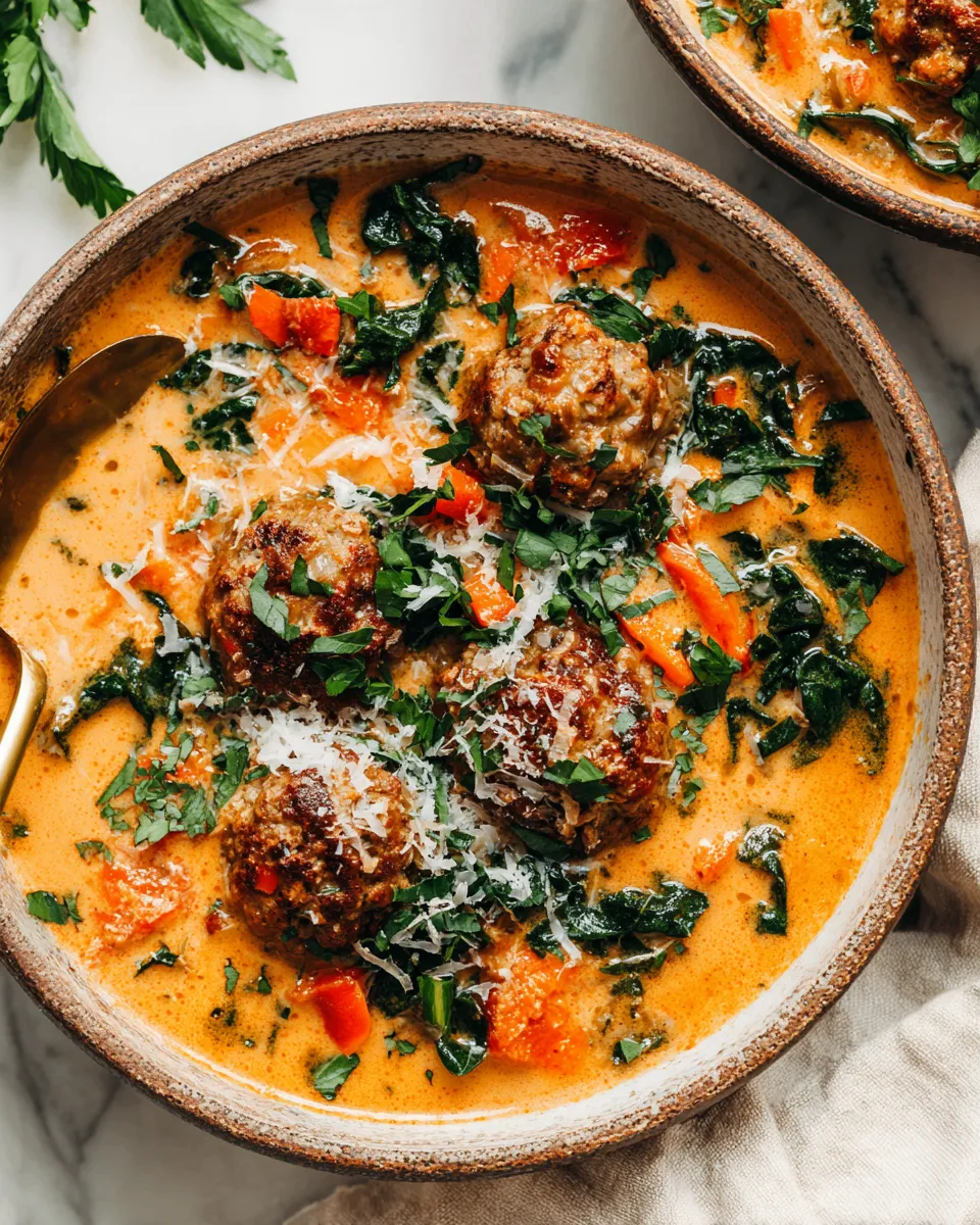 A bowl of creamy Italian meatball soup with vegetables, ideal for cozy fall nights, rich in flavor and comfort, perfect for the holidays.