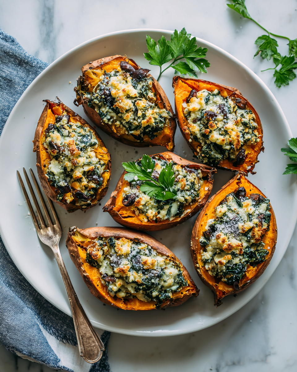 Creamy mushroom and spinach stuffed sweet potatoes topped with Parmesan cheese, perfect for holiday gatherings and cozy dinners.