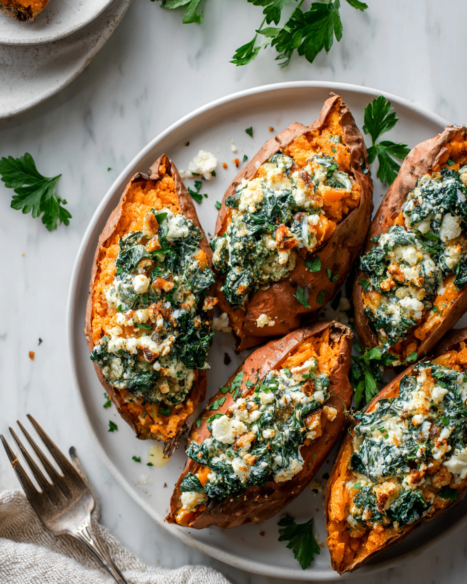 Creamy mushroom and spinach stuffed sweet potatoes topped with Parmesan cheese, perfect for holiday gatherings and cozy dinners.