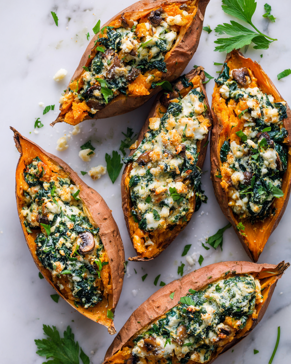 Creamy mushroom and spinach stuffed sweet potatoes topped with Parmesan cheese, perfect for holiday gatherings and cozy dinners.