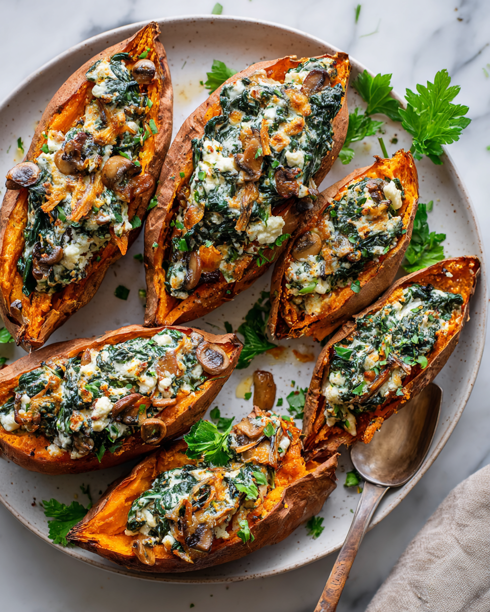 Creamy mushroom and spinach stuffed sweet potatoes topped with Parmesan cheese, perfect for holiday gatherings and cozy dinners.