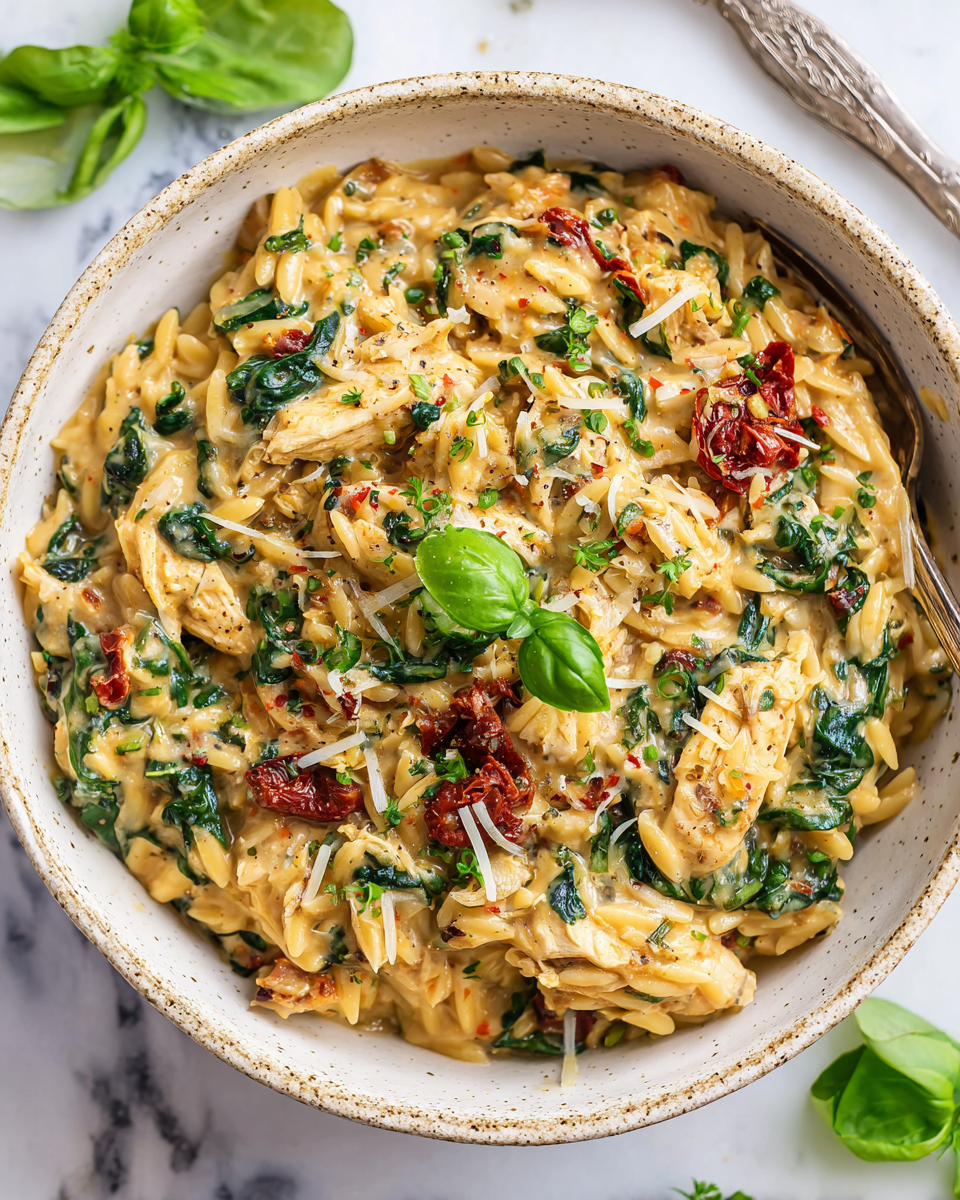 Slow Cooker Creamy Tuscan Chicken Orzo with chicken, orzo, and creamy sauce, perfect for holiday meals