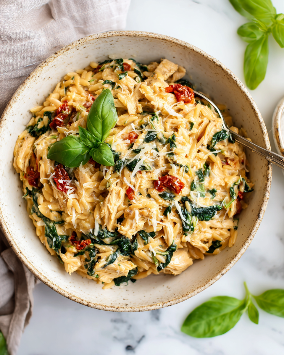 Slow Cooker Creamy Tuscan Chicken Orzo with chicken, orzo, and creamy sauce, perfect for holiday meals