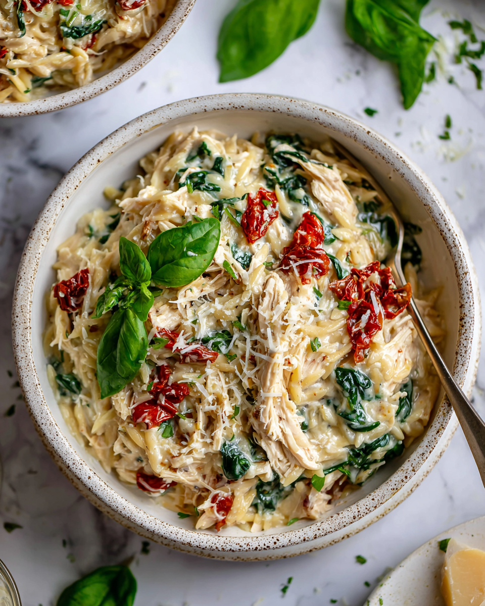 Slow Cooker Creamy Tuscan Chicken Orzo with chicken, orzo, and creamy sauce, perfect for holiday meals