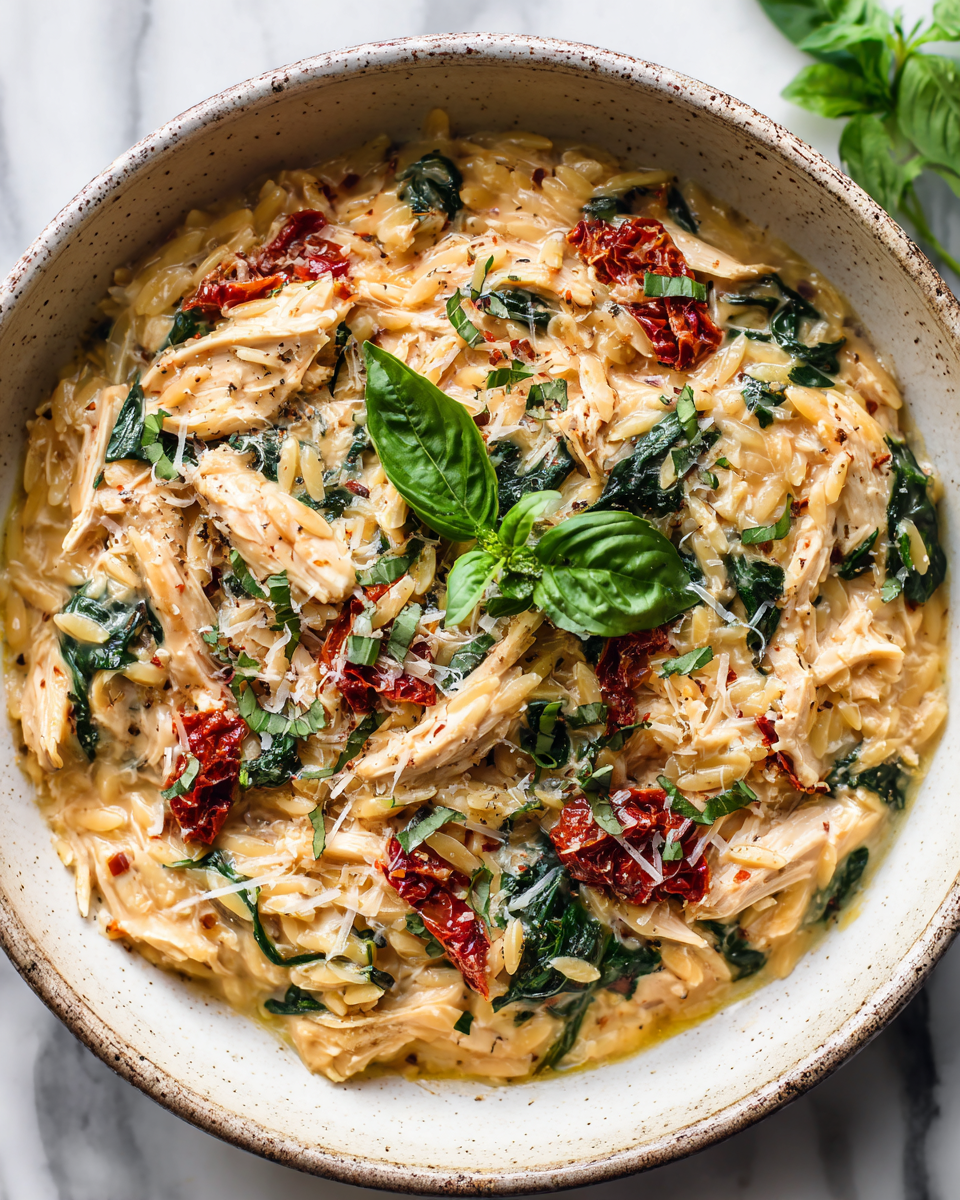 Slow Cooker Creamy Tuscan Chicken Orzo with chicken, orzo, and creamy sauce, perfect for holiday meals