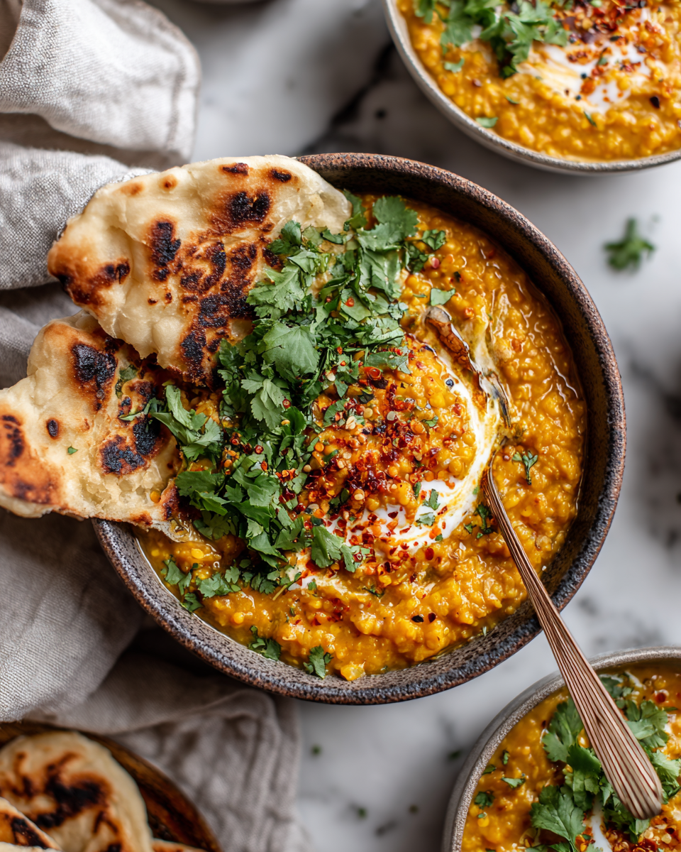 Bowl of easy red lentil dahl with coconut milk, garnished with cilantro, perfect for autumn nights.