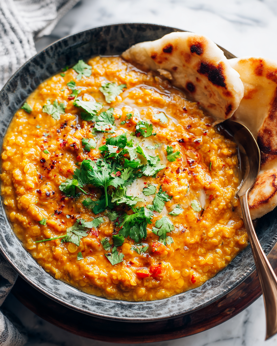 Bowl of easy red lentil dahl with coconut milk, garnished with cilantro, perfect for autumn nights.