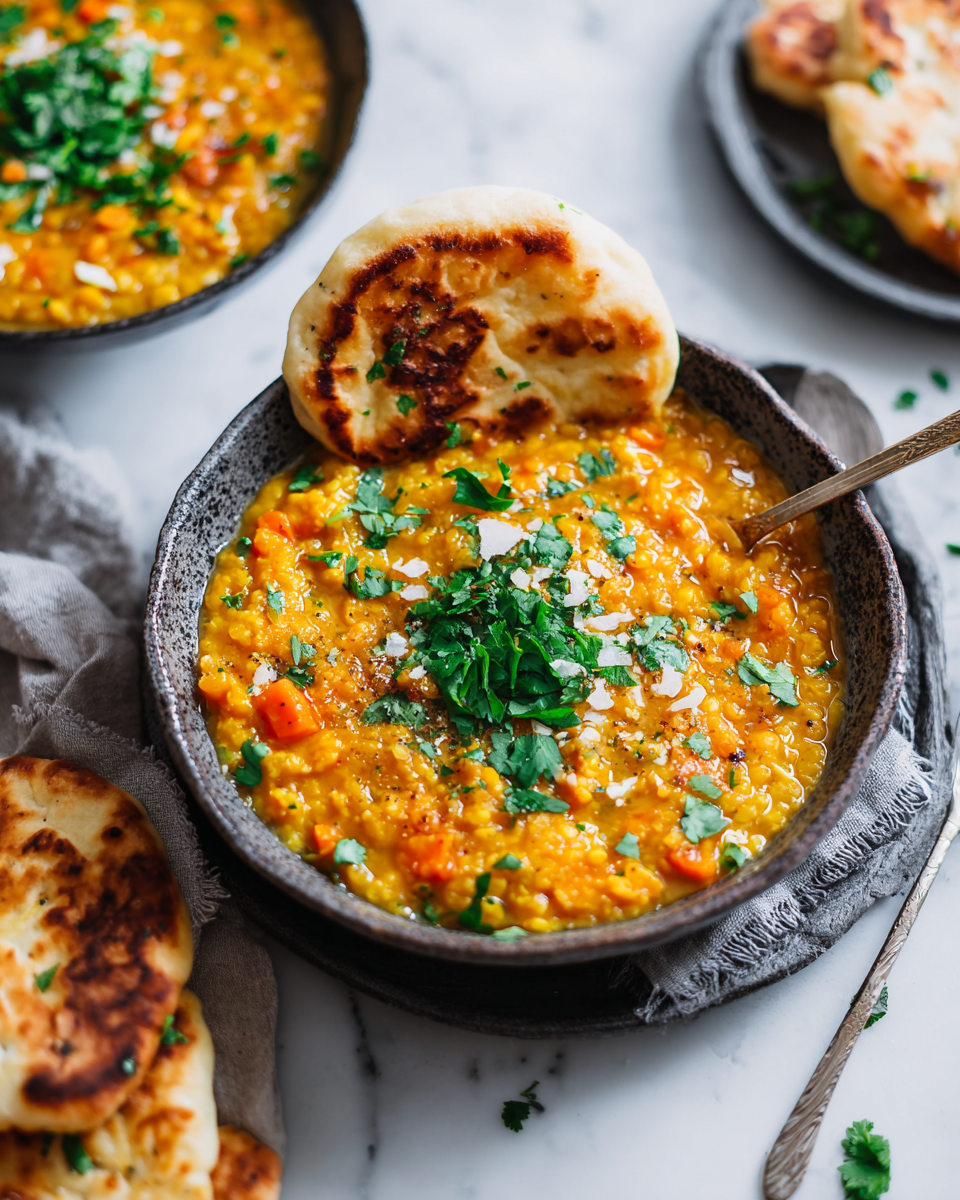 Bowl of easy red lentil dahl with coconut milk, garnished with cilantro, perfect for autumn nights.