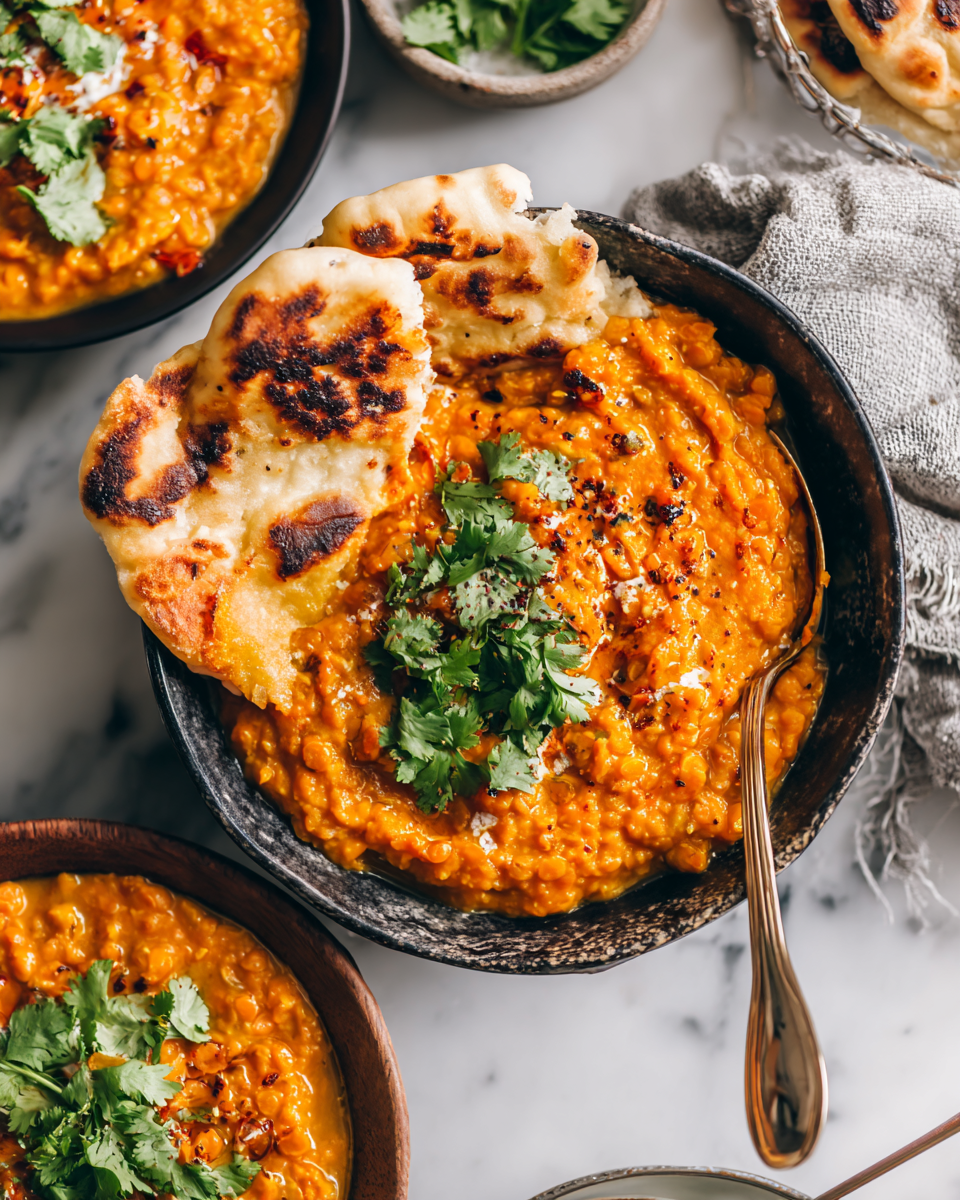 Bowl of easy red lentil dahl with coconut milk, garnished with cilantro, perfect for autumn nights.