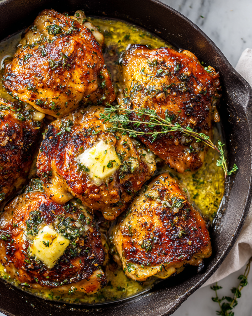 Savory garlic butter chicken thighs baked to perfection, bursting with flavor and aromatic herbs for a cozy dinner.