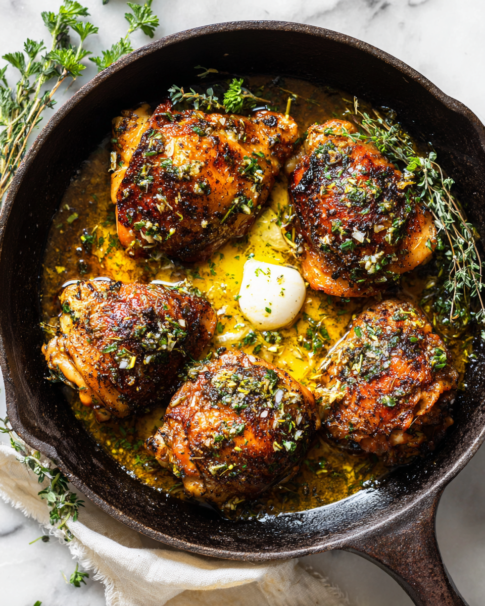 Savory garlic butter chicken thighs baked to perfection, bursting with flavor and aromatic herbs for a cozy dinner.