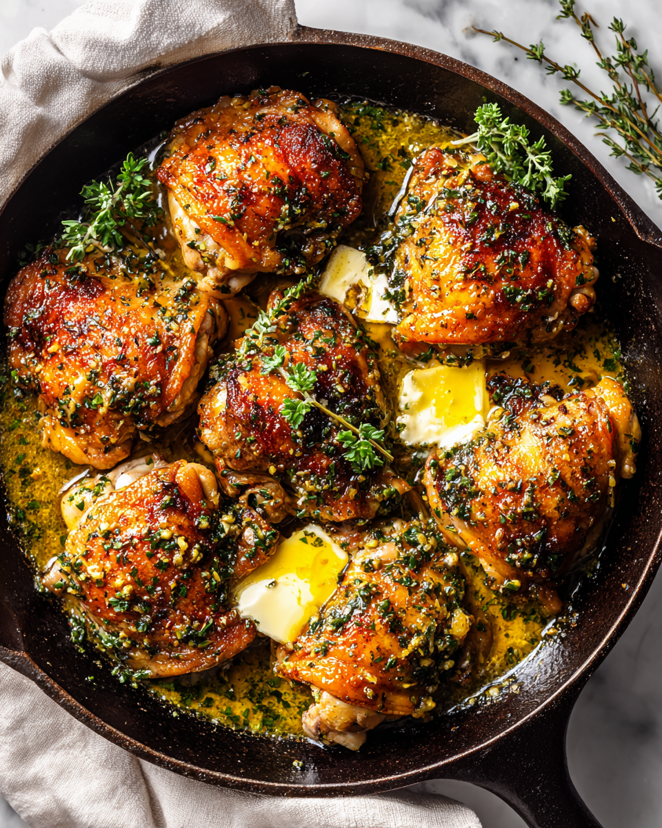 Savory garlic butter chicken thighs baked to perfection, bursting with flavor and aromatic herbs for a cozy dinner.