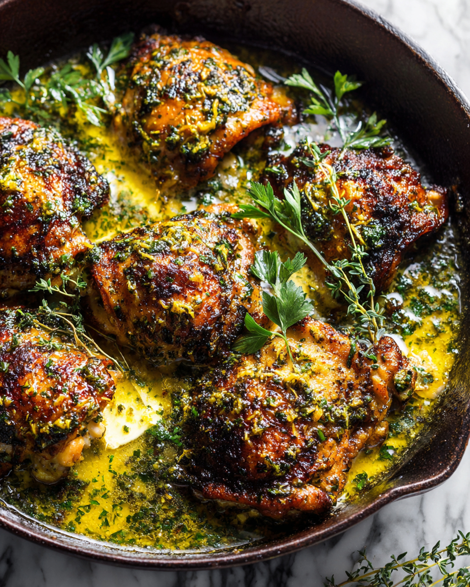 Savory garlic butter chicken thighs baked to perfection, bursting with flavor and aromatic herbs for a cozy dinner.