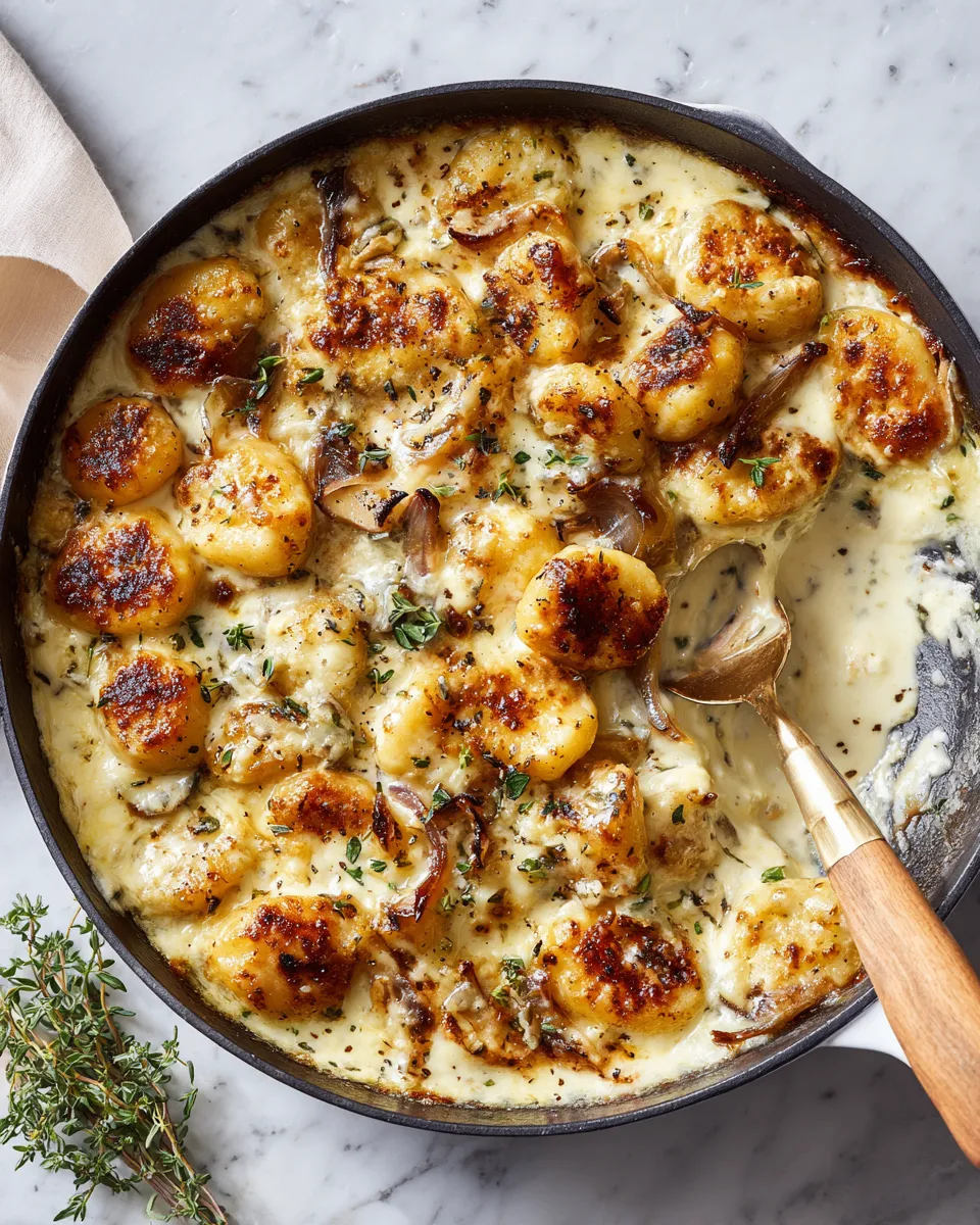 Creamy gnocchi topped with caramelized onions and melted Gruyere cheese, a cozy dish for holiday meals.