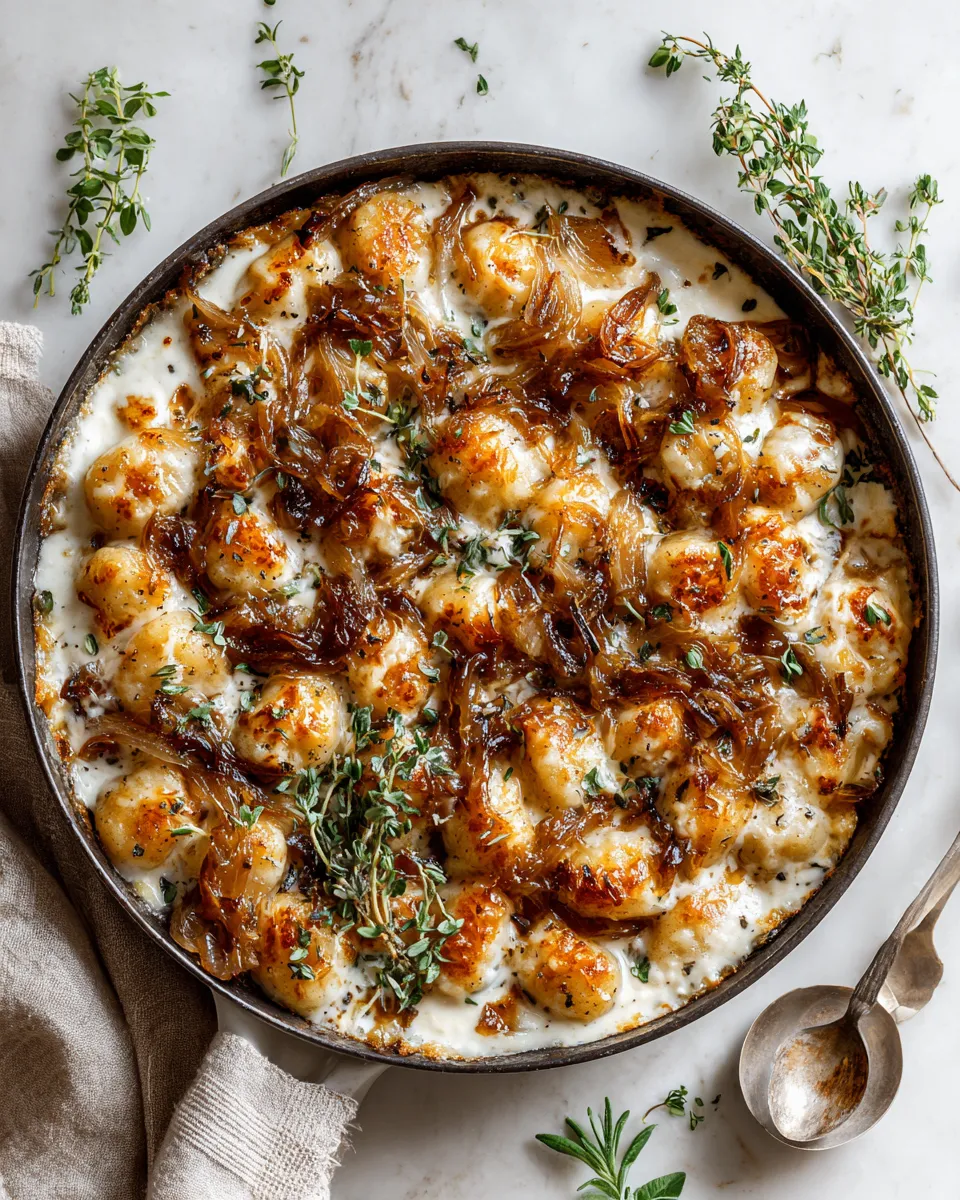 Creamy gnocchi topped with caramelized onions and melted Gruyere cheese, a cozy dish for holiday meals.