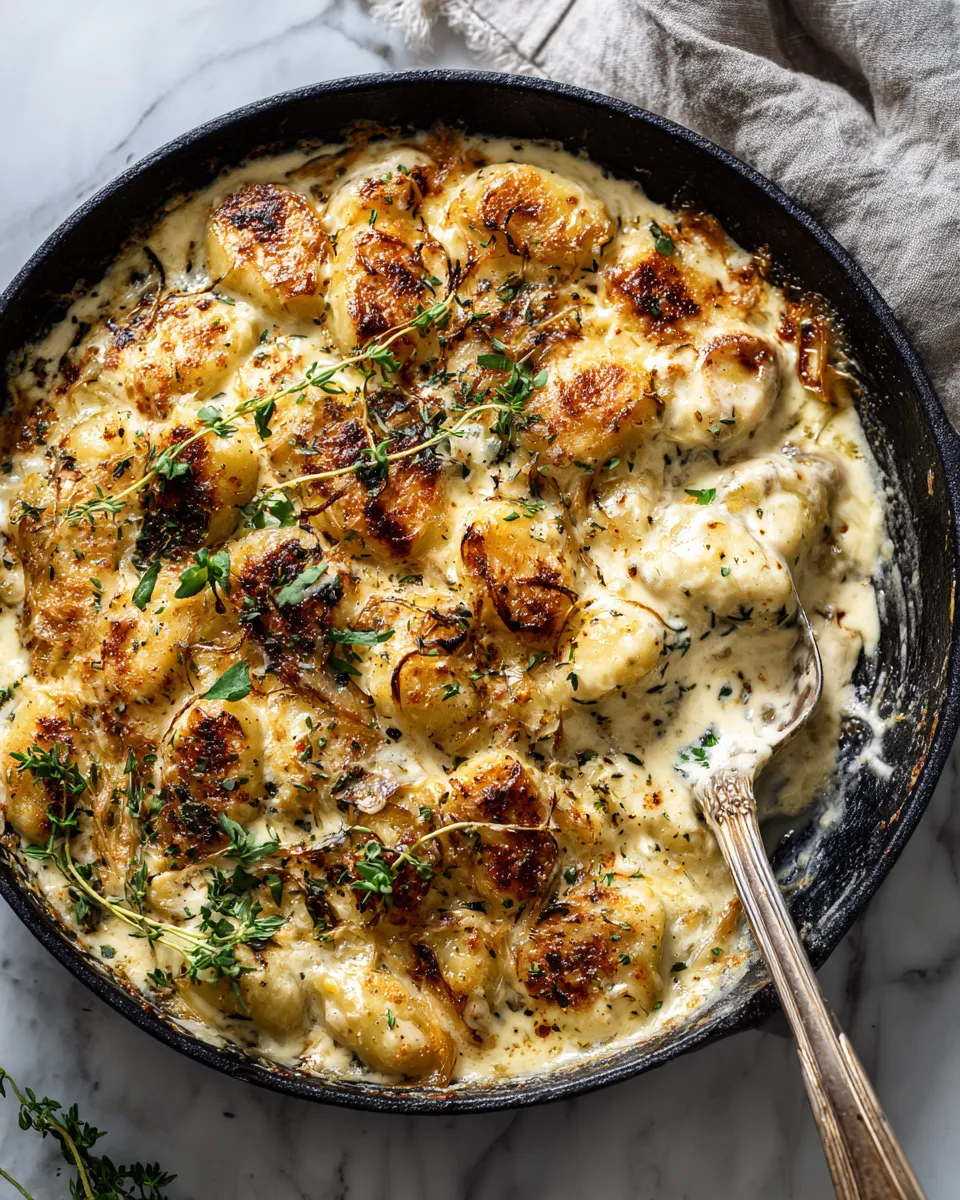 Creamy gnocchi topped with caramelized onions and melted Gruyere cheese, a cozy dish for holiday meals.