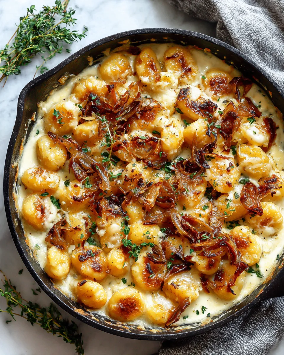 Creamy gnocchi topped with caramelized onions and melted Gruyere cheese, a cozy dish for holiday meals.