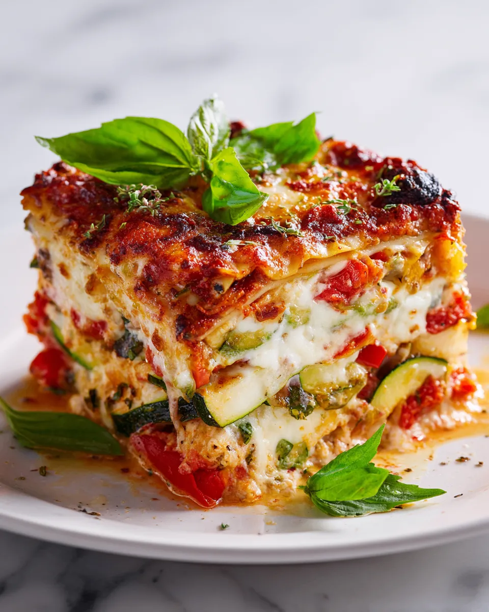 Hearty Baked Italian Vegetable Lasagna with layers of noodles, vegetables, and cheese, perfect comfort food for gatherings.