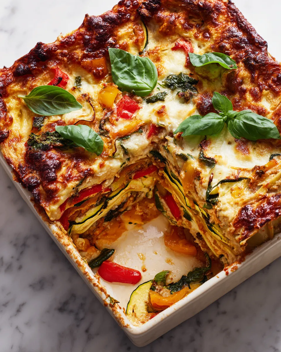 Hearty Baked Italian Vegetable Lasagna with layers of noodles, vegetables, and cheese, perfect comfort food for gatherings.