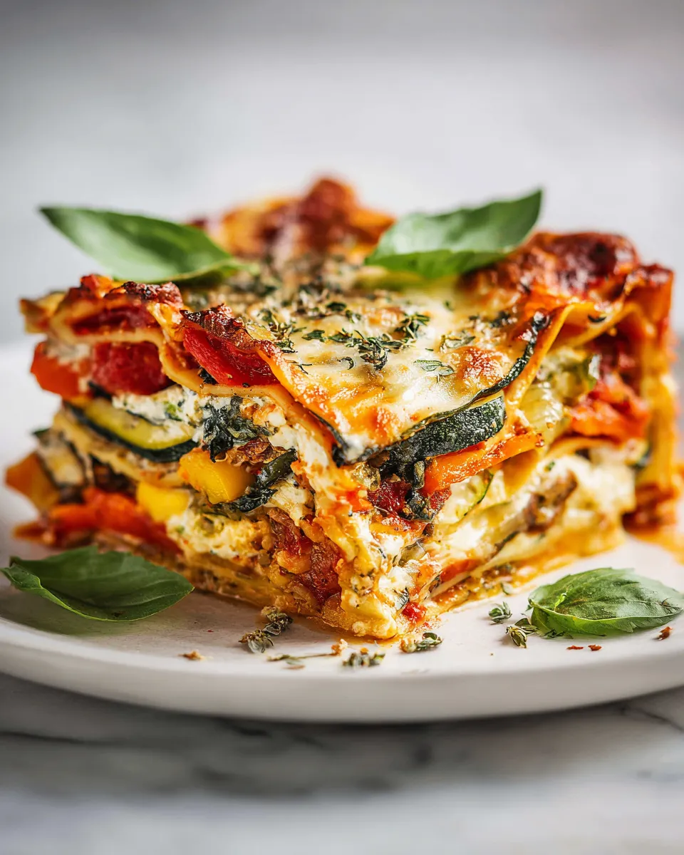 Hearty Baked Italian Vegetable Lasagna with layers of noodles, vegetables, and cheese, perfect comfort food for gatherings.