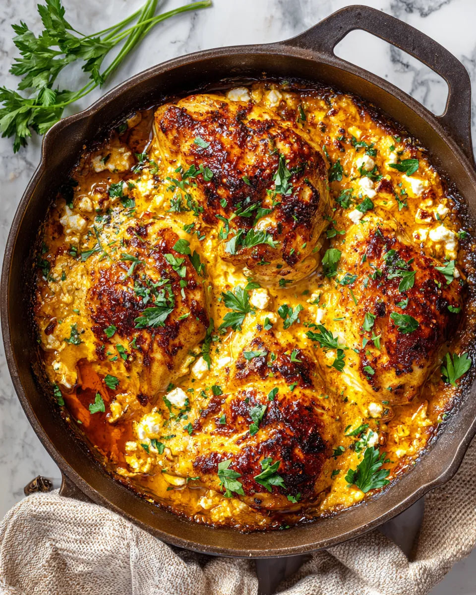 Baked hot honey infused feta chicken topped with creamy cheese, a perfect holiday dish.
