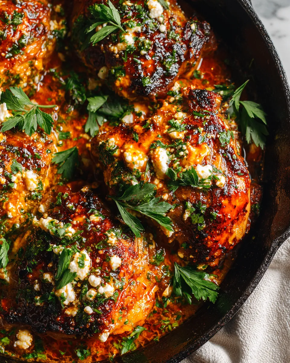Baked hot honey infused feta chicken topped with creamy cheese, a perfect holiday dish.