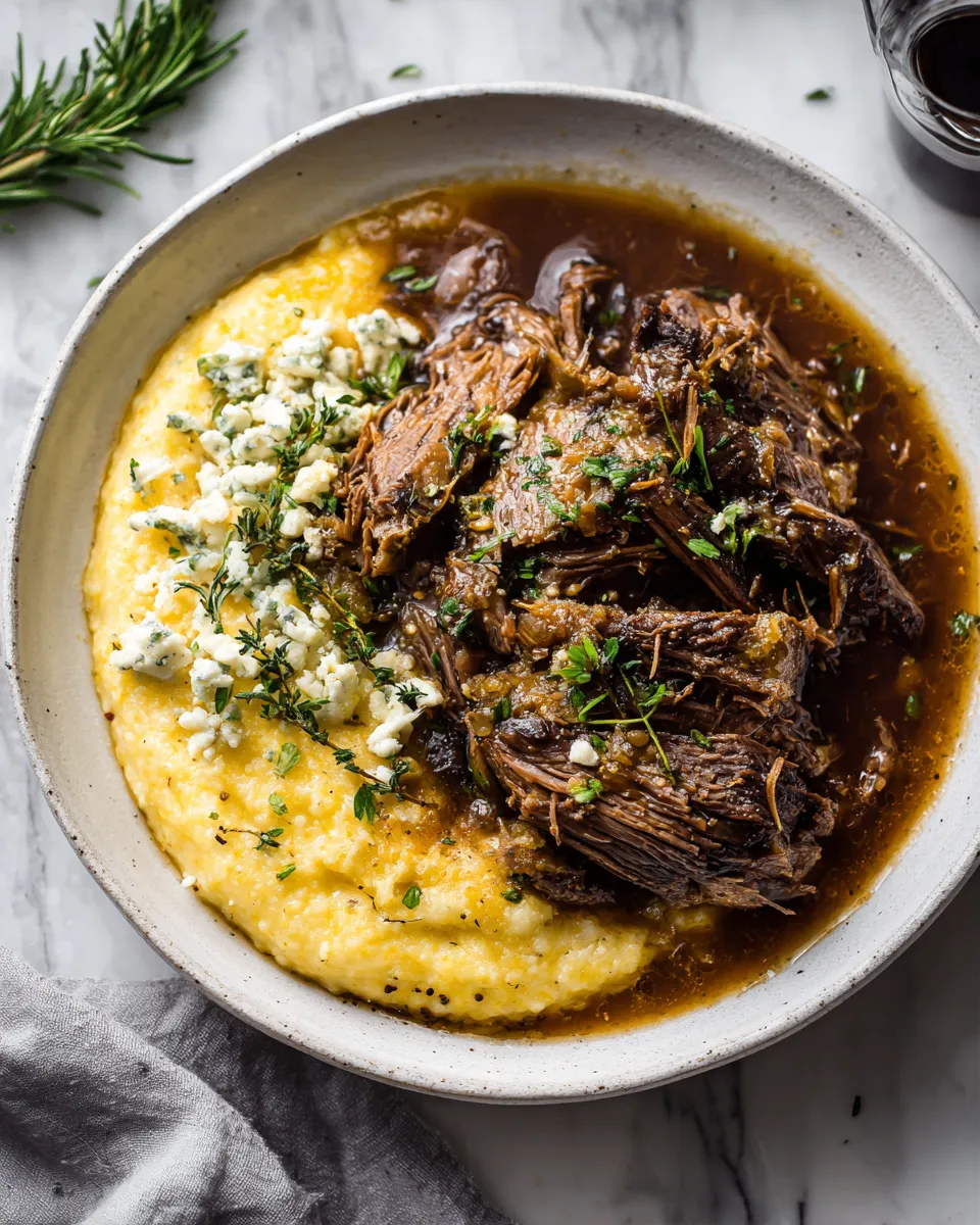 Italian pot roast with creamy Gorgonzola polenta served in a rustic dish, perfect for holiday gatherings. Delicious and comforting meal idea.