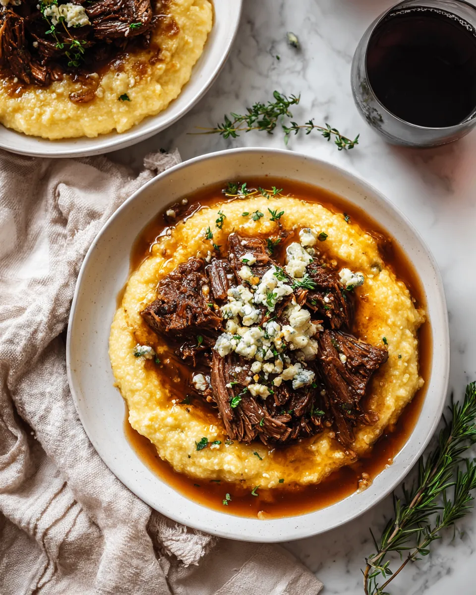 Italian pot roast with creamy Gorgonzola polenta served in a rustic dish, perfect for holiday gatherings. Delicious and comforting meal idea.