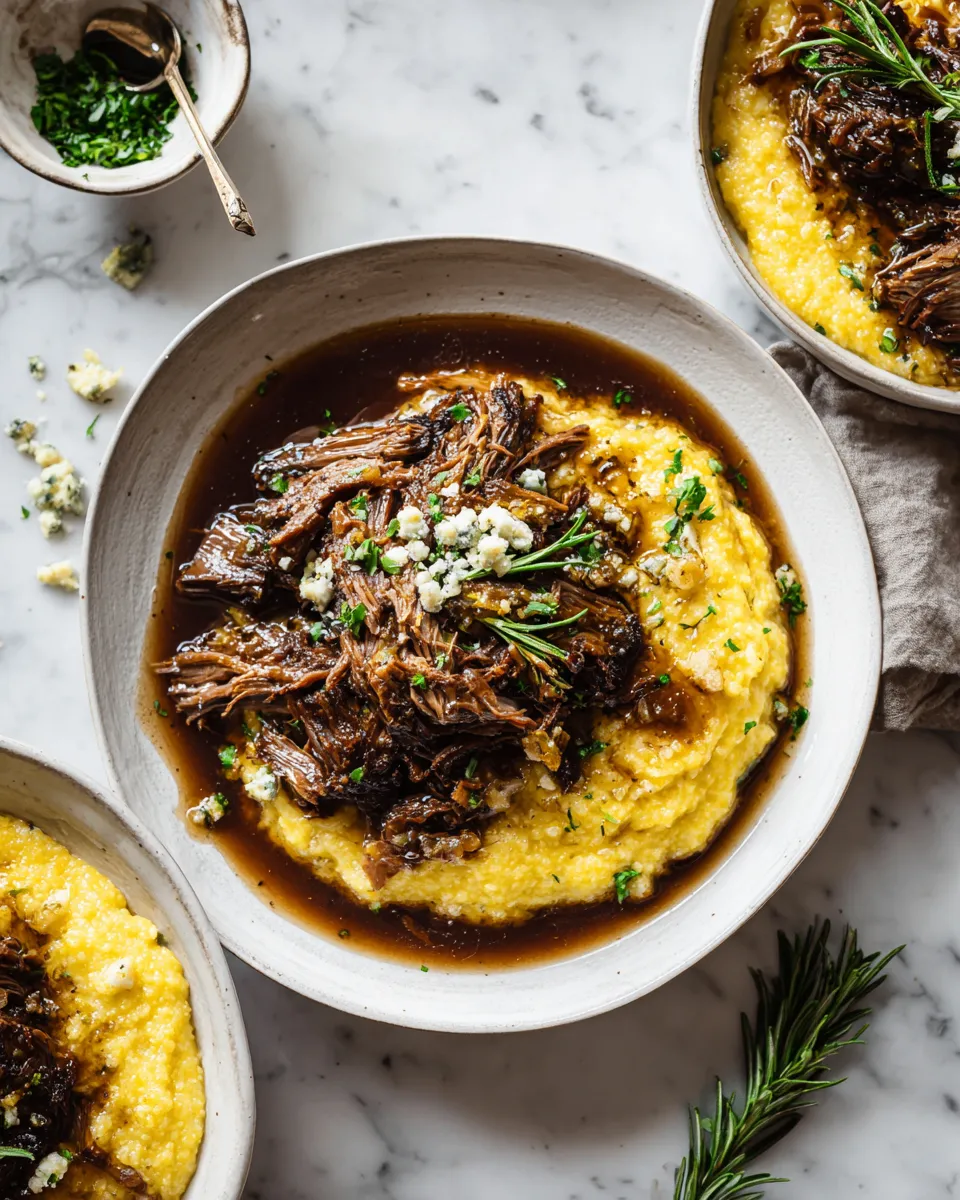 Italian pot roast with creamy Gorgonzola polenta served in a rustic dish, perfect for holiday gatherings. Delicious and comforting meal idea.