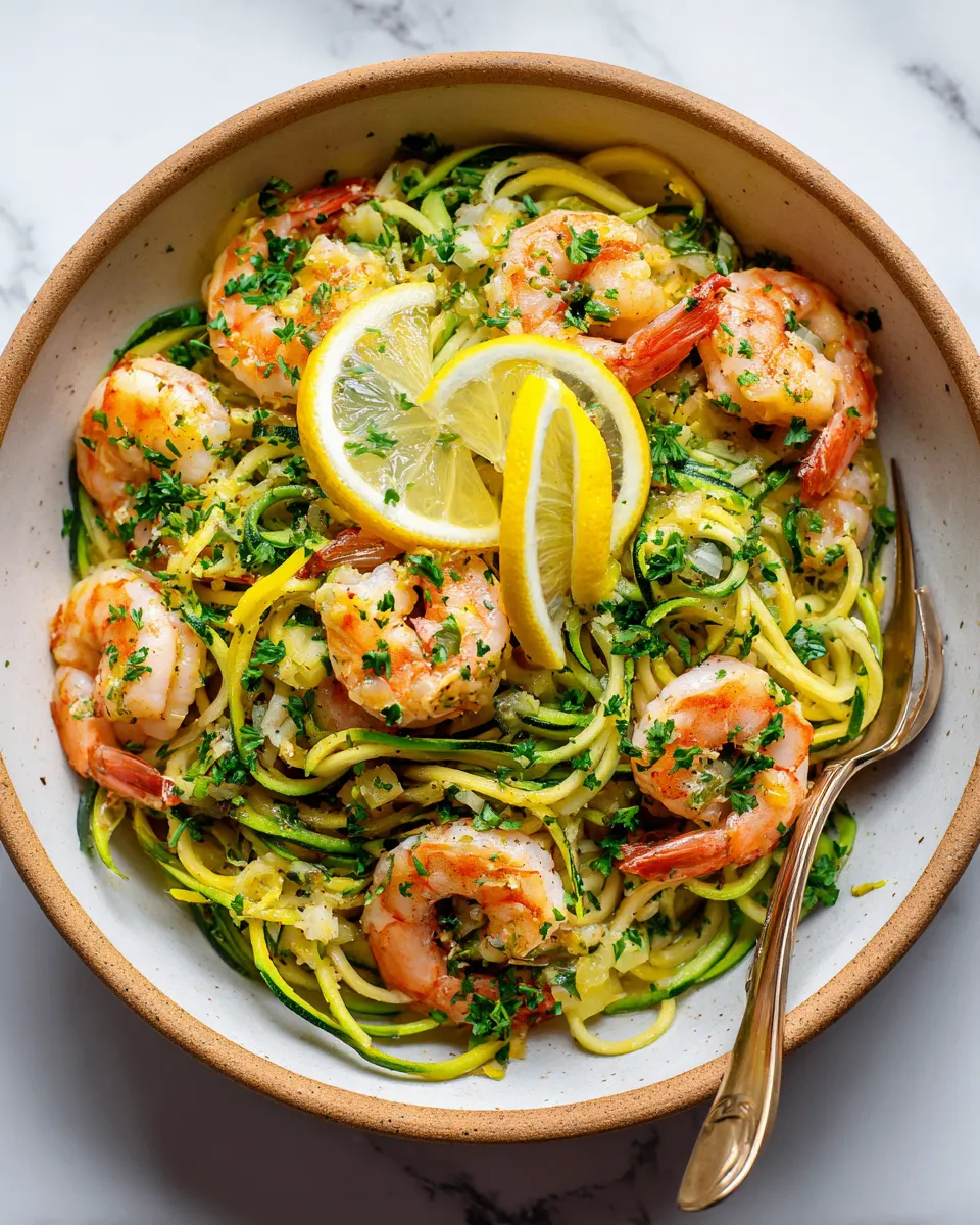 Delicious Lemon Garlic Shrimp Zucchini Noodles served in a bowl with fresh parsley. A quick and healthy dish ready in 25 minutes.
