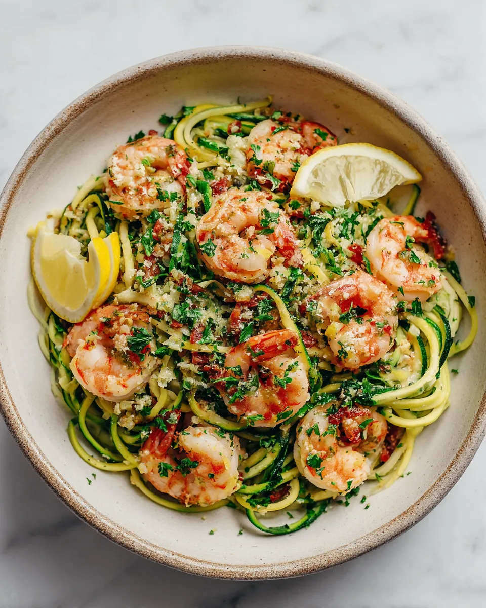 Delicious Lemon Garlic Shrimp Zucchini Noodles served in a bowl with fresh parsley. A quick and healthy dish ready in 25 minutes.