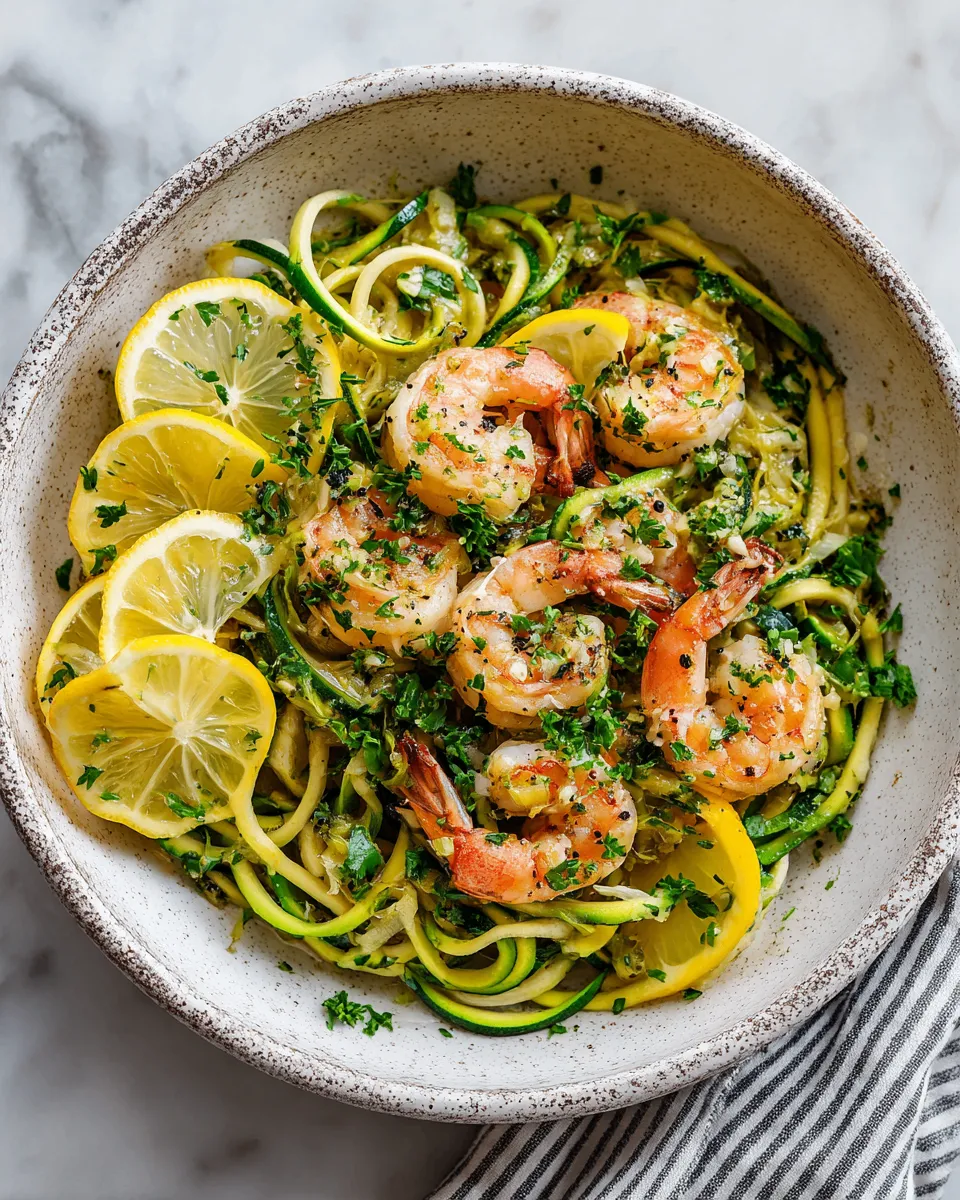 Delicious Lemon Garlic Shrimp Zucchini Noodles served in a bowl with fresh parsley. A quick and healthy dish ready in 25 minutes.