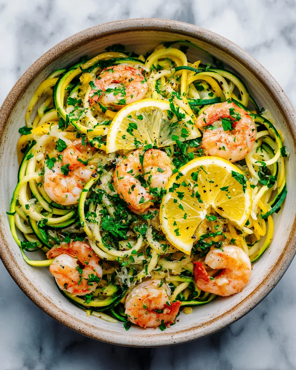 Delicious Lemon Garlic Shrimp Zucchini Noodles served in a bowl with fresh parsley. A quick and healthy dish ready in 25 minutes.