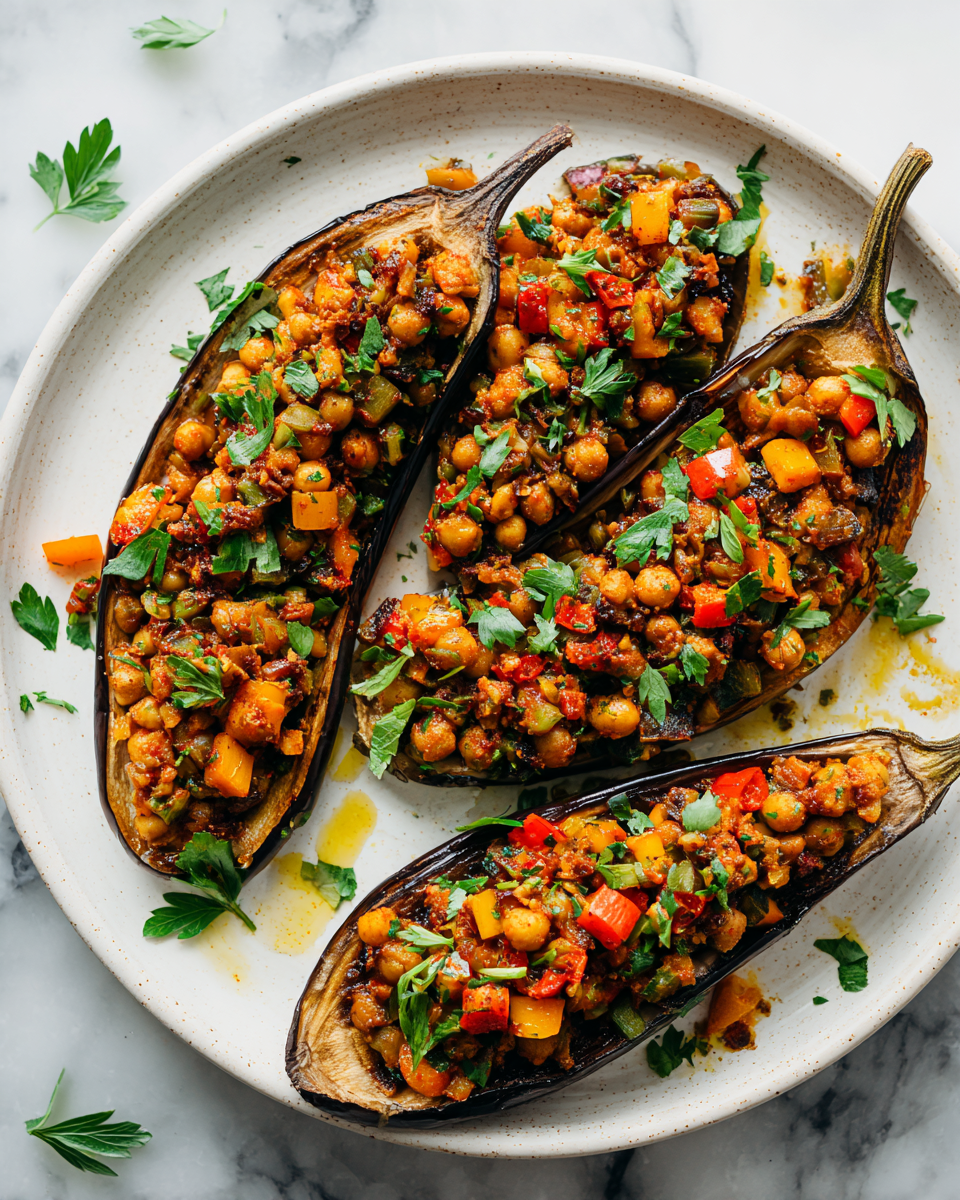 Moroccan-inspired veggie aubergines stuffed with spiced chickpeas, vibrant and healthy dish