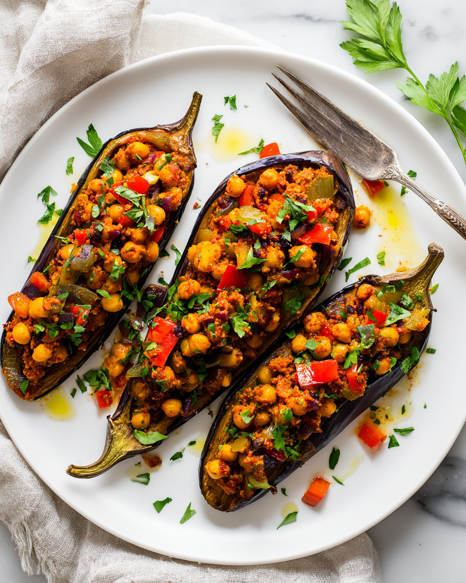 Moroccan-inspired veggie aubergines stuffed with spiced chickpeas, vibrant and healthy dish