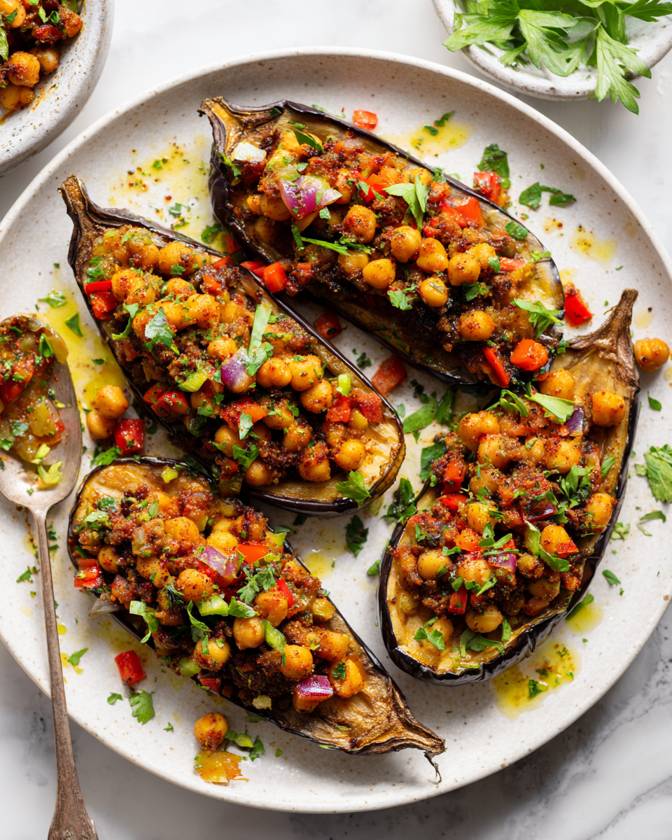 Moroccan-inspired veggie aubergines stuffed with spiced chickpeas, vibrant and healthy dish