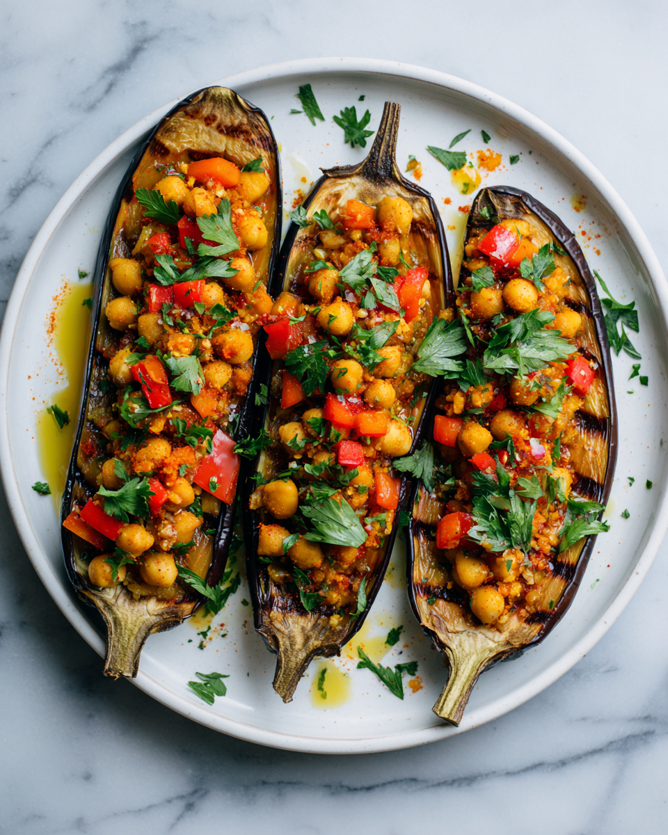 Moroccan-inspired veggie aubergines stuffed with spiced chickpeas, vibrant and healthy dish